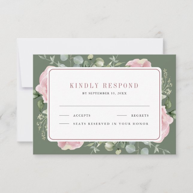 Tarjeta De Confirmación De Asistencia Blush Pink Floral Eucalyptus Sage Green Wedding (Anverso)