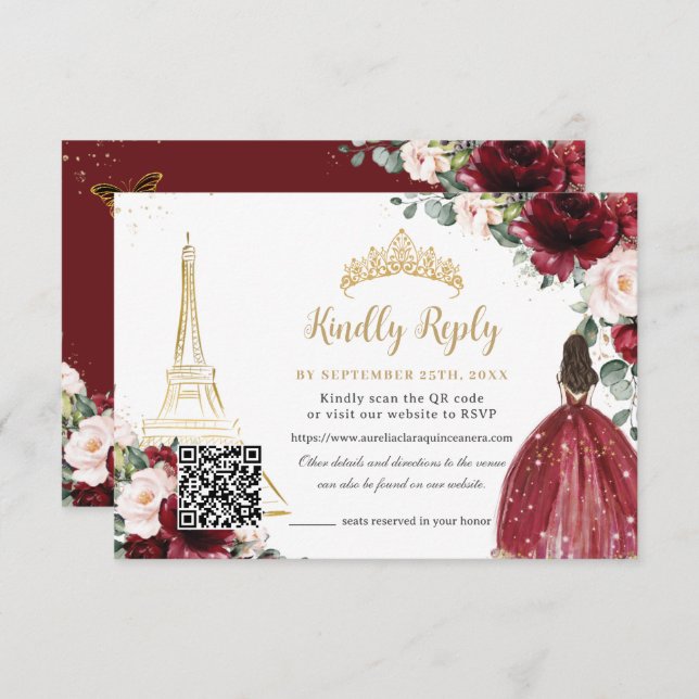 Tarjeta De Confirmación De Asistencia Blush Pink Floral Gold Paris Quinceañera QR Code (Anverso / Reverso)