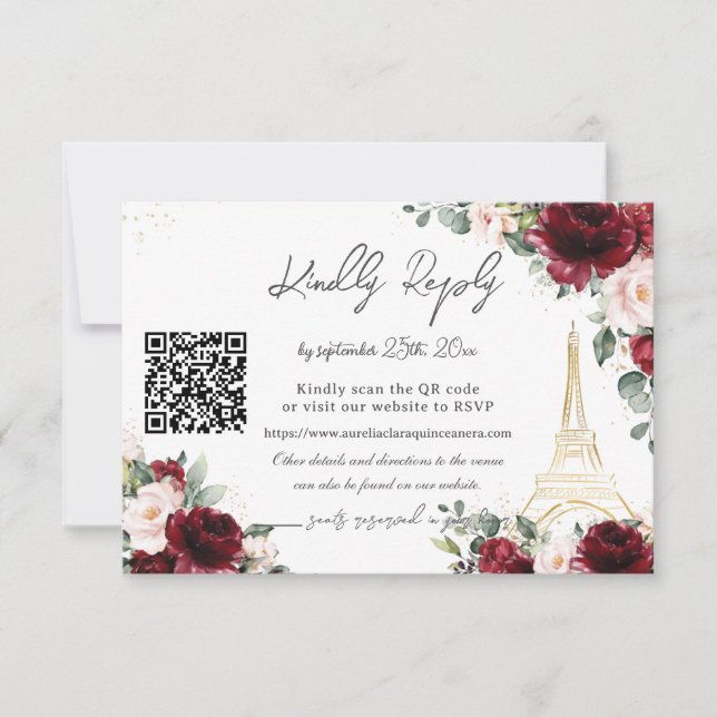 Tarjeta De Confirmación De Asistencia Blush Pink Floral Paris Eiffel Quinceañera QR  (Anverso)