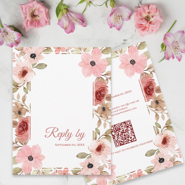 Tarjeta De Confirmación De Asistencia Blush Pink Floral QR Code Wedding Reply By (Blush Pink Floral QR Code Wedding Reply By RSVP Card)