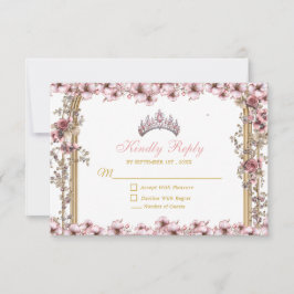 Tarjeta De Confirmación De Asistencia Blush Pink Golden Tiara Floral Quinceañera