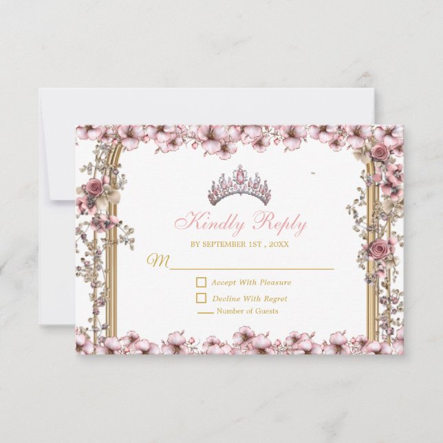 Tarjeta De Confirmación De Asistencia Blush Pink Golden Tiara Floral Quinceañera (Anverso)
