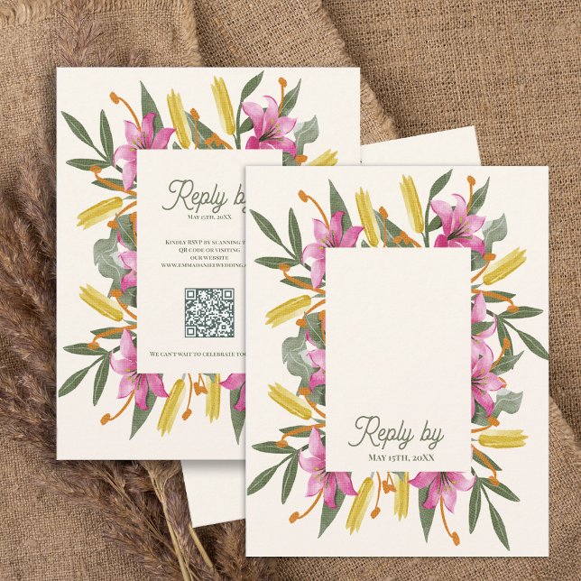 Tarjeta De Confirmación De Asistencia Blush Pink Lily QR Code Botanical Floral Wedding (Blush Pink Lily Botanical Wedding RSVP Card with QR Code | Romantic Watercolor Floral Response Card)