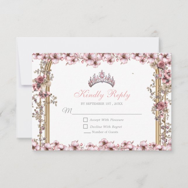 Tarjeta De Confirmación De Asistencia Blush Pink Silver Tiara Floral Quinceañera (Anverso)