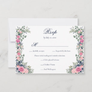 Tarjeta De Confirmación De Asistencia Blush Rosa Azul Marino Floral Verde Nupcial Comida