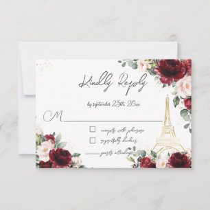Tarjeta De Confirmación De Asistencia Blush Rosa Floral Oro París Eiffel Quinceañera 
