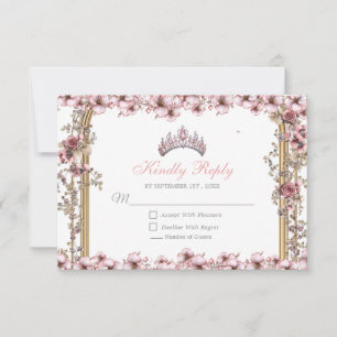 Tarjeta De Confirmación De Asistencia Blush Rosa Plata Tiara Floral Quinceañera