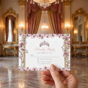 Tarjeta De Confirmación De Asistencia Blush Rosa Plata Tiara Floral Quinceañera
