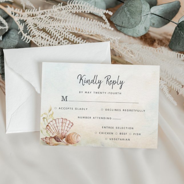 Tarjeta De Confirmación De Asistencia Boda Acuarela de Conchas de Mar Tropicales de Play (Subido por el creador)