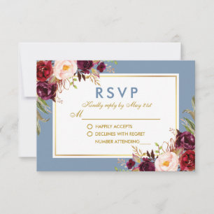 Tarjeta De Confirmación De Asistencia Boda acuarela floral borgoña dorada azul turbulent