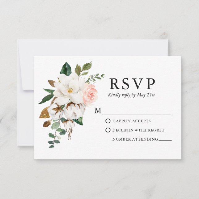 Tarjeta De Confirmación De Asistencia Boda acuarela Magnolias rosas rosadas (Anverso)