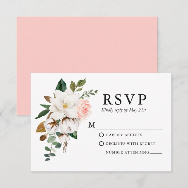 Tarjeta De Confirmación De Asistencia Boda acuarela Magnolias Rosas rosado Rubor (Anverso / Reverso)