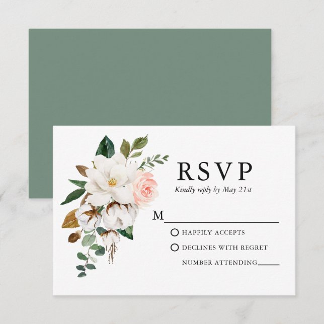 Tarjeta De Confirmación De Asistencia Boda acuarela Magnolias Rosas Sage Green (Anverso / Reverso)