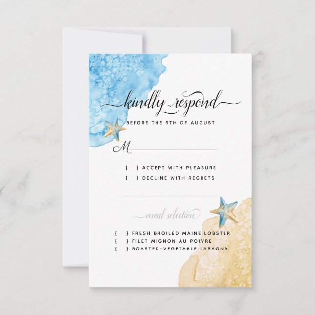 Tarjeta De Confirmación De Asistencia Boda acuática Starfish Coastal Beach Wedding (Anverso)