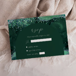 Tarjeta De Confirmación De Asistencia Boda Agata Verde Esmeralda Arco Brillo de Plata