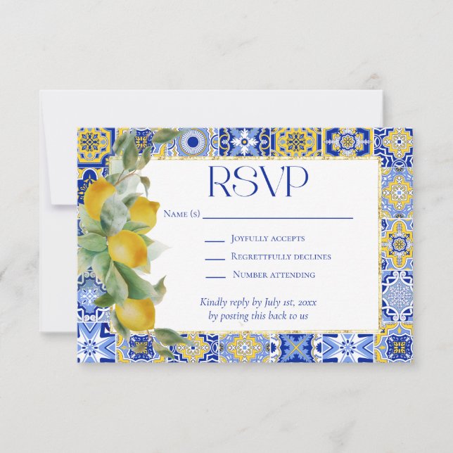Tarjeta De Confirmación De Asistencia Boda Amalfi Coast Italiano Blue Tiles Lemons (Anverso)