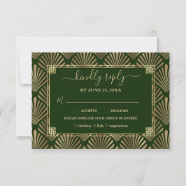 Tarjeta De Confirmación De Asistencia Boda Art Deco de Luxury Gold Dark Green Art