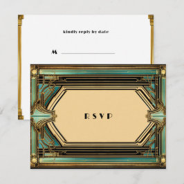 Tarjeta De Confirmación De Asistencia Boda Art Deco dorado turquesa negro