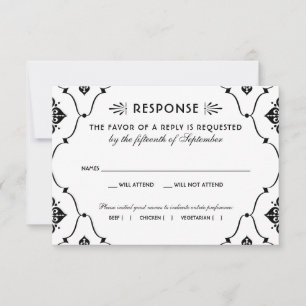 Tarjeta De Confirmación De Asistencia Boda Art Déco Vintage en Blanco y Negro