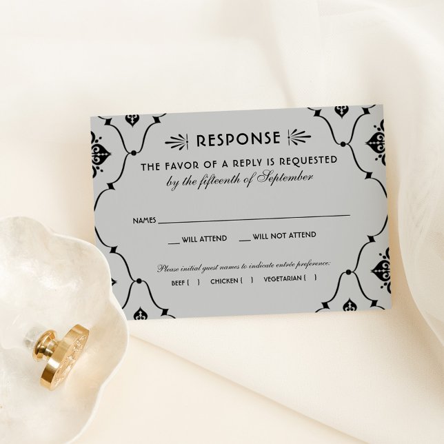 Tarjeta De Confirmación De Asistencia Boda Art Deco Vintage negro y plateado (Subido por el creador)