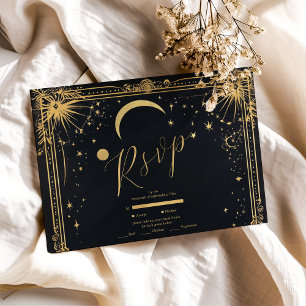 Tarjeta De Confirmación De Asistencia Boda Astronomia Sol Luna Oro Negro Celeste