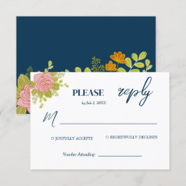 Tarjeta De Confirmación De Asistencia Boda azul de la Marina Oscura floral Botánica