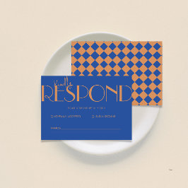 Tarjeta De Confirmación De Asistencia Boda azul del patrón retro minimalista controlado