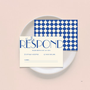 Tarjeta De Confirmación De Asistencia Boda azul del patrón retro minimalista controlado