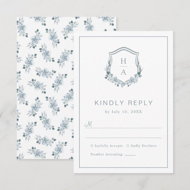 Tarjeta De Confirmación De Asistencia Boda Azul Dusty Floral (Anverso / Reverso)