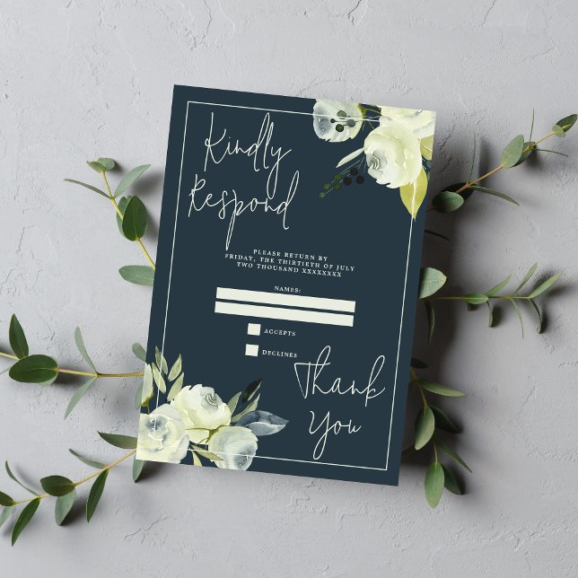 Tarjeta De Confirmación De Asistencia Boda azul floral de medianoche encantado (Subido por el creador)
