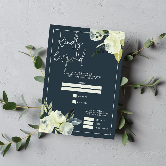 Tarjeta De Confirmación De Asistencia Boda azul floral de medianoche encantado (Subido por el creador)