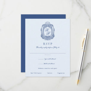 Tarjeta De Confirmación De Asistencia Boda azul francés Escudo barroco