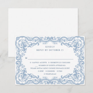 Tarjeta De Confirmación De Asistencia Boda azul húmedo del ornato floral del renacimient
