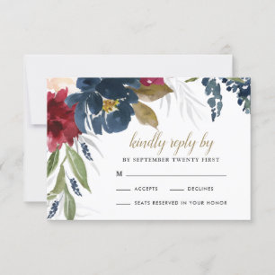 Tarjeta De Confirmación De Asistencia Boda Azul Marino Burgundy Rubor Rosa Plateado Dora