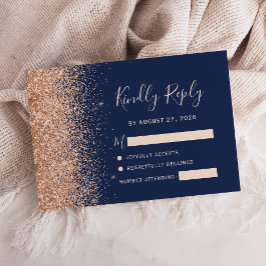 Tarjeta De Confirmación De Asistencia Boda azul marino con brillo de melocotón