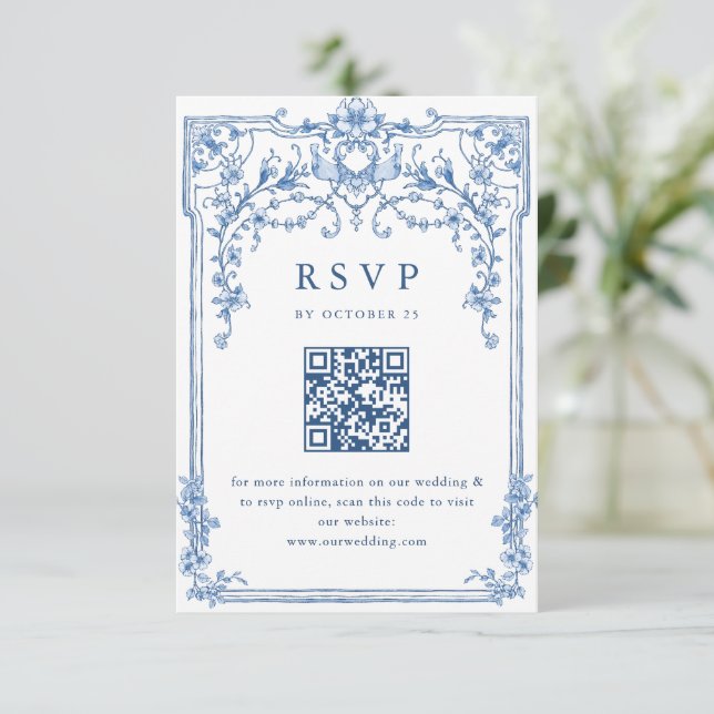 Tarjeta De Confirmación De Asistencia Boda azul oxidado y floral de Grace (Anverso de pie)