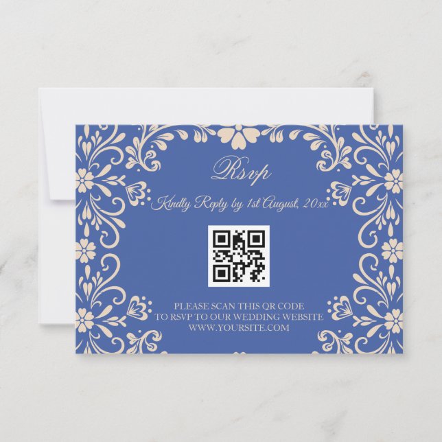 Tarjeta De Confirmación De Asistencia Boda azul Talavera mexicana QR (Anverso)