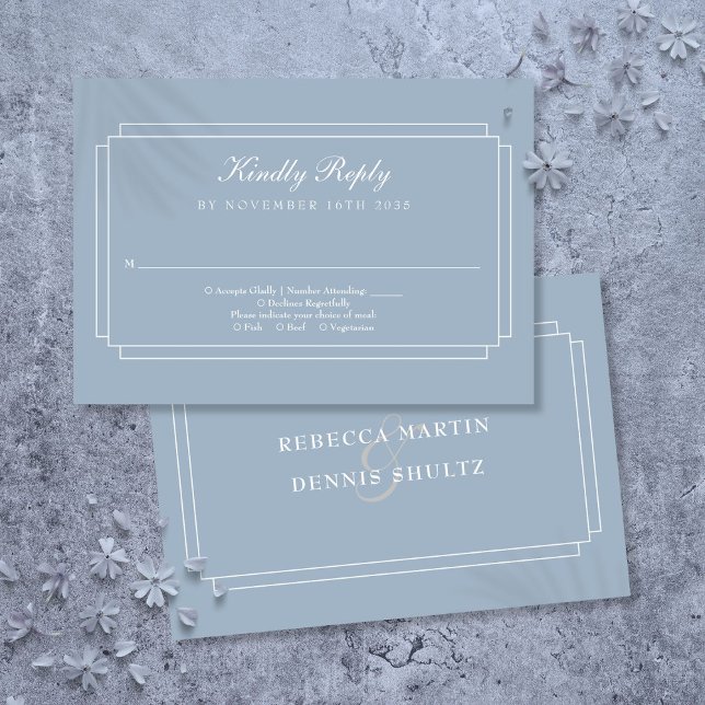 Tarjeta De Confirmación De Asistencia Boda azul turbio y Art Deco clásico (Classic Art Deco Dusty Blue Wedding RSVP Card)