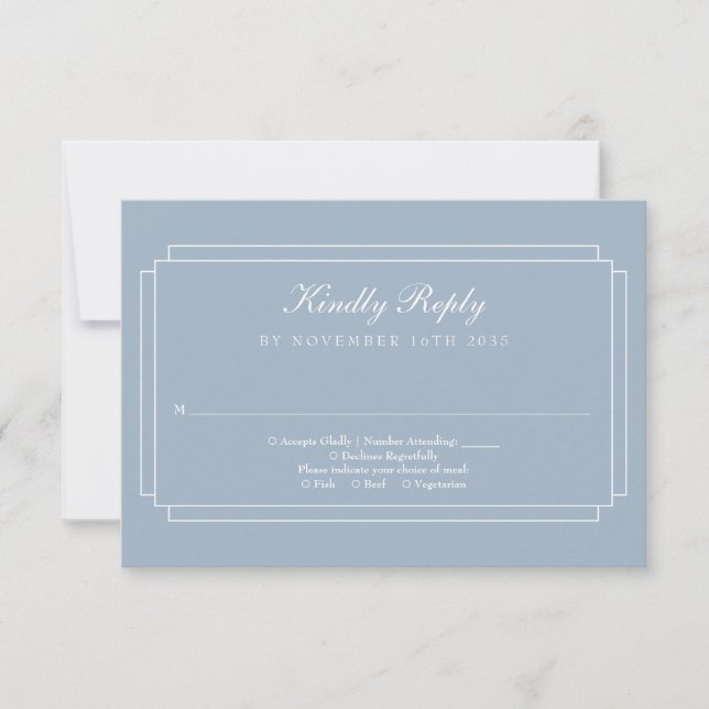 Tarjeta De Confirmación De Asistencia Boda azul turbio y Art Deco clásico (Anverso)