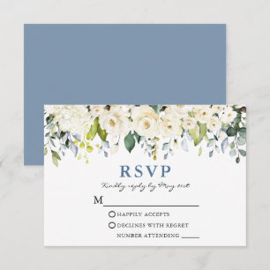 Tarjeta De Confirmación De Asistencia Boda azul turbio y floral blanco acuarela