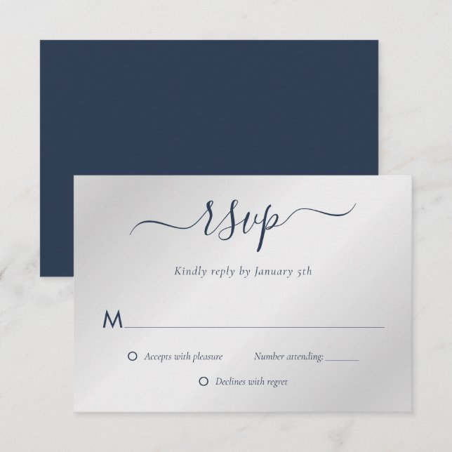 Tarjeta De Confirmación De Asistencia Boda azul y plateado de la Marina (Anverso / Reverso)