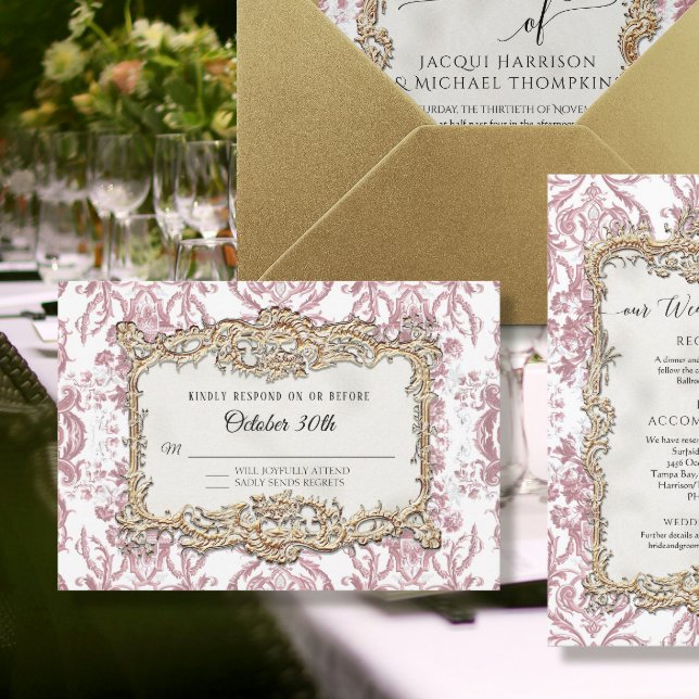 Tarjeta De Confirmación De Asistencia Boda barroco rosado rosado inmaculado en floral do (Subido por el creador)