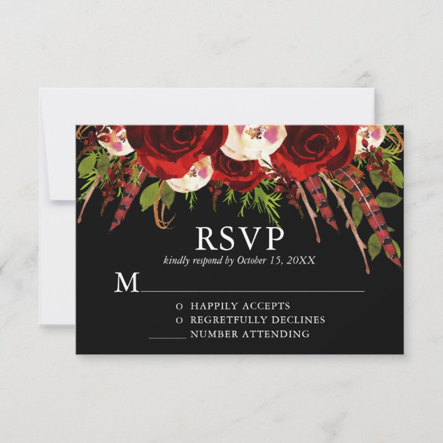 Tarjeta De Confirmación De Asistencia Boda Black Burgundy Floral Boho (Anverso)