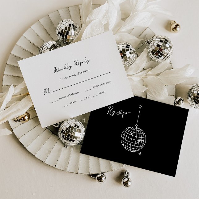 Tarjeta De Confirmación De Asistencia Boda Black Minimal Disco Ball | Elección de comida (Subido por el creador)