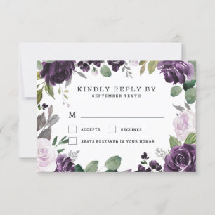 Tarjeta De Confirmación De Asistencia Boda blanco floral morado y plateado elegante