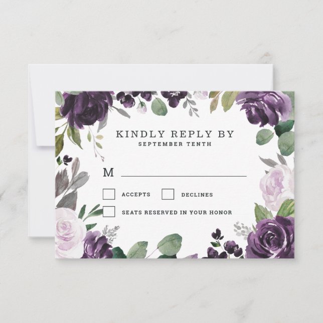 Tarjeta De Confirmación De Asistencia Boda blanco floral morado y plateado elegante (Anverso)