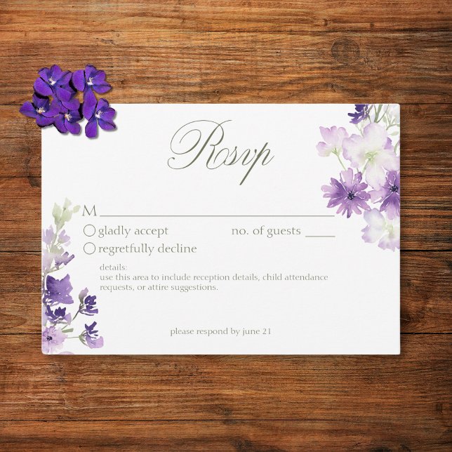 Tarjeta De Confirmación De Asistencia Boda blanco morado Boho Wildflowers (Subido por el creador)