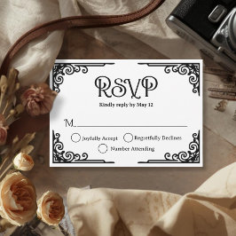 Tarjeta De Confirmación De Asistencia Boda Blanco Negro Vintage 