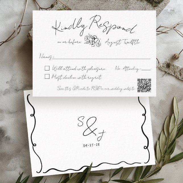 Tarjeta De Confirmación De Asistencia Boda blanco y negro con grieta de mano (Modern trendy black & white minimalist hand drawn handwritten monogram QR code wedding RSVP card)
