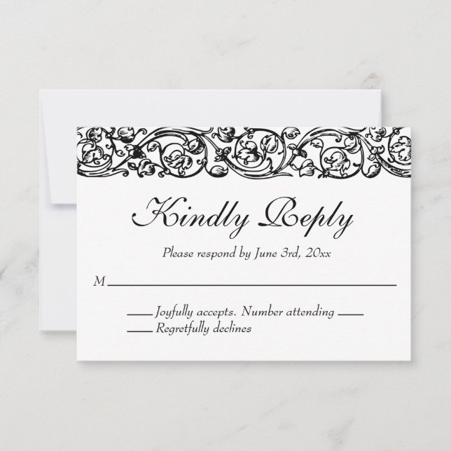 Tarjeta De Confirmación De Asistencia Boda blanco y negro elegante de estilo formal (Anverso)